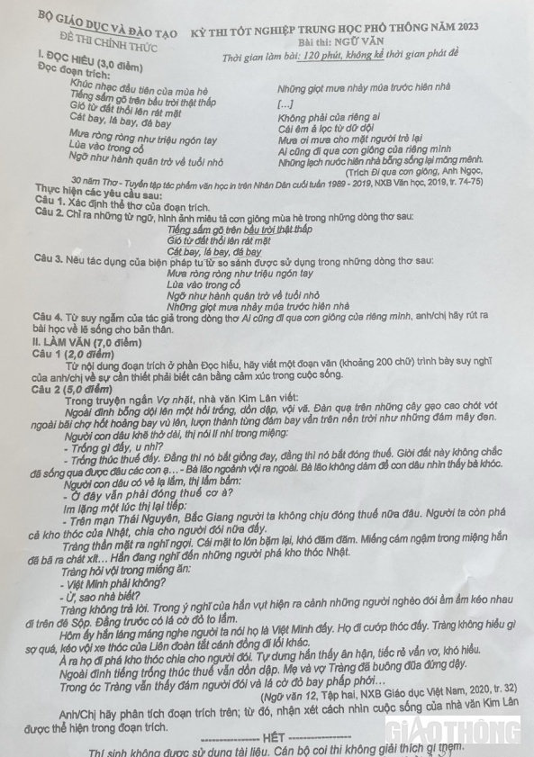 Đề thi Ngữ Văn tốt nghiệp chính xác 2023